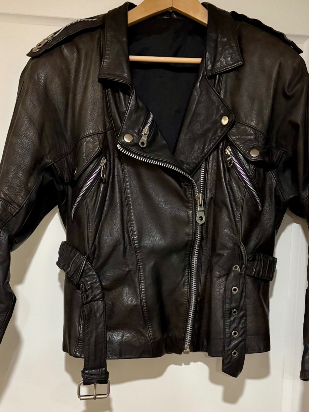 Leather Moto Jacket – Heavy Biker Double Rider, Brown, SZ Med (10-12)
